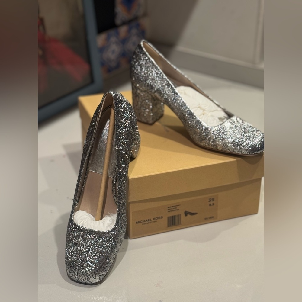 Vintage Michael Kors Silver Glitter Block Heels for Special Occasions